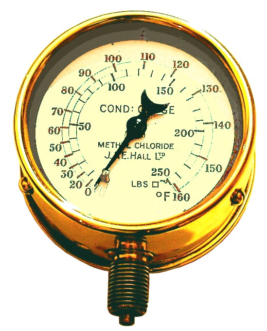 An Old Brass Methyl Chloride Pressure Gauge by Hall from Dartford. - click to enlarge.